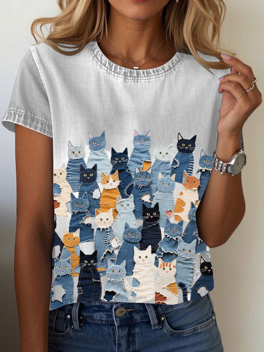 Women's denim print cat T-shirt gracestitchs
