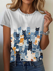 Women's denim print cat T-shirt gracestitchs