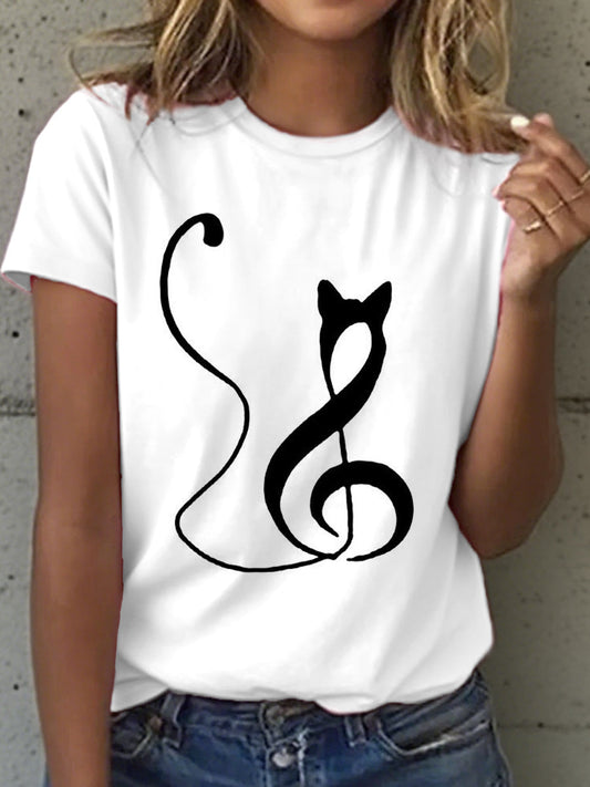 Women's Music Notes and Cat Print T-Shirt gracestitchs