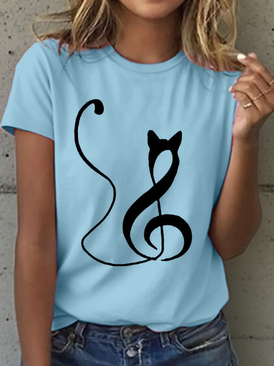 Women's Music Notes and Cat Print T-Shirt gracestitchs