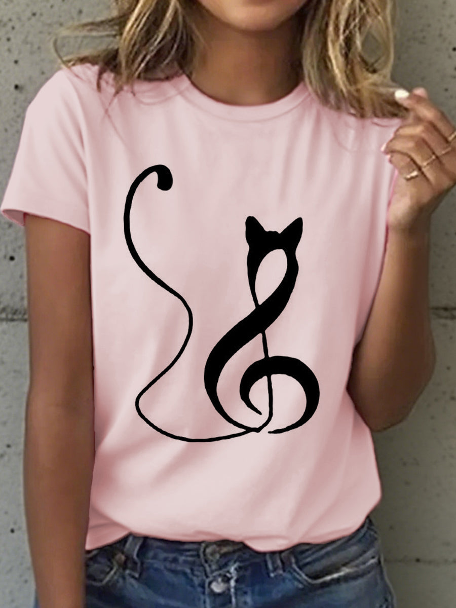 Women's Music Notes and Cat Print T-Shirt gracestitchs