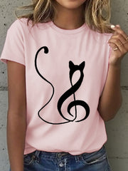 Women's Music Notes and Cat Print T-Shirt gracestitchs