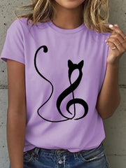 Women's Music Notes and Cat Print T-Shirt gracestitchs