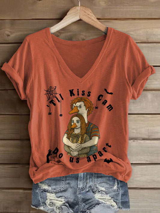 Women's Funny Halloween Kiss Cam Printed T-Shirt gracestitchs