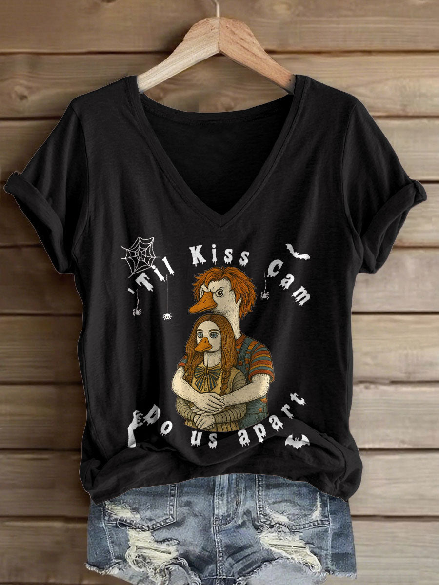 Women's Funny Halloween Kiss Cam Printed T-Shirt gracestitchs