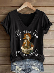 Women's Funny Halloween Kiss Cam Printed T-Shirt gracestitchs