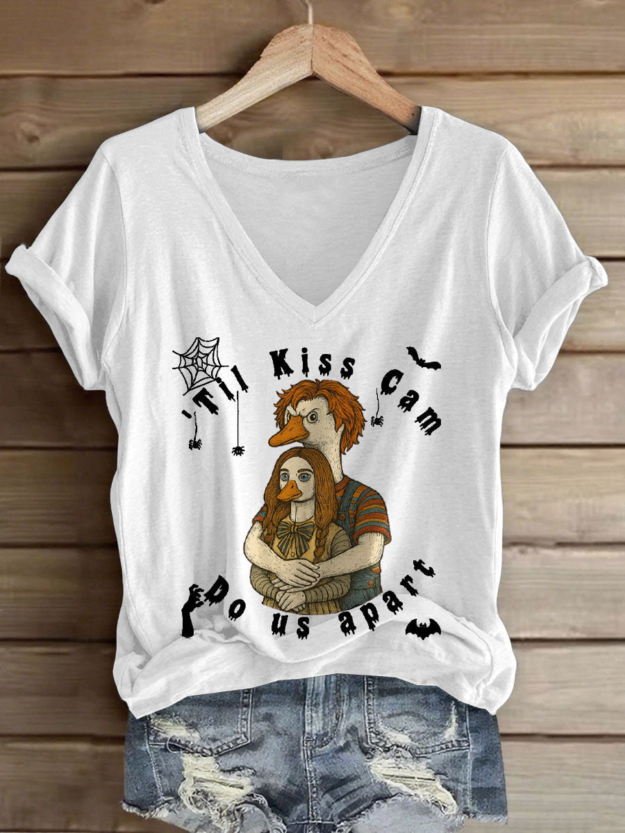 Women's Funny Halloween Kiss Cam Printed T-Shirt gracestitchs