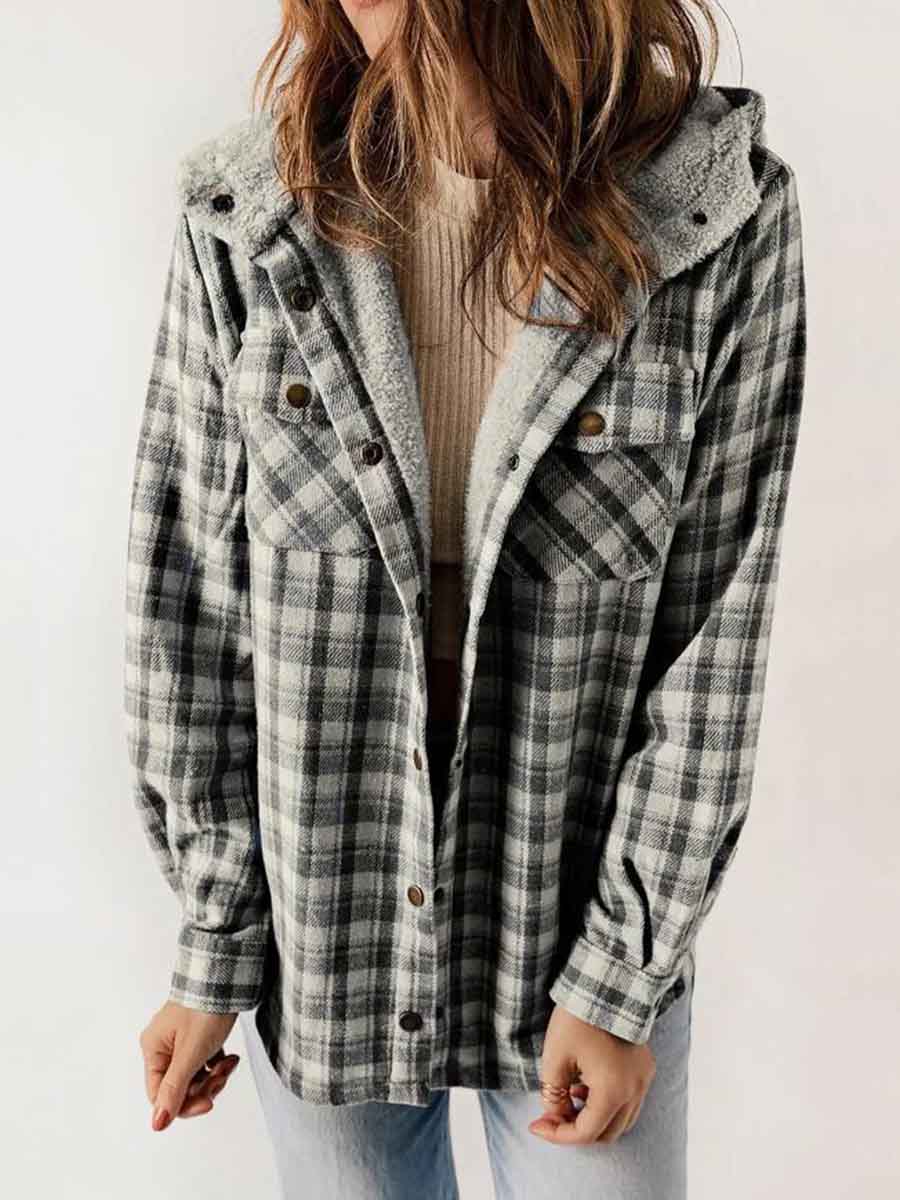 Women's Autumn/Winter Plaid Jacket Long Sleeve Buckle Hooded Jacket Warm Coat gracestitchs
