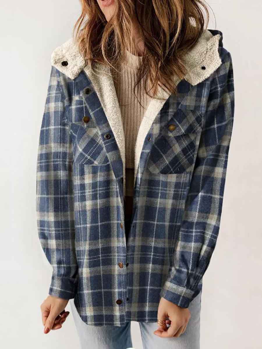 Women's Autumn/Winter Plaid Jacket Long Sleeve Buckle Hooded Jacket Warm Coat gracestitchs