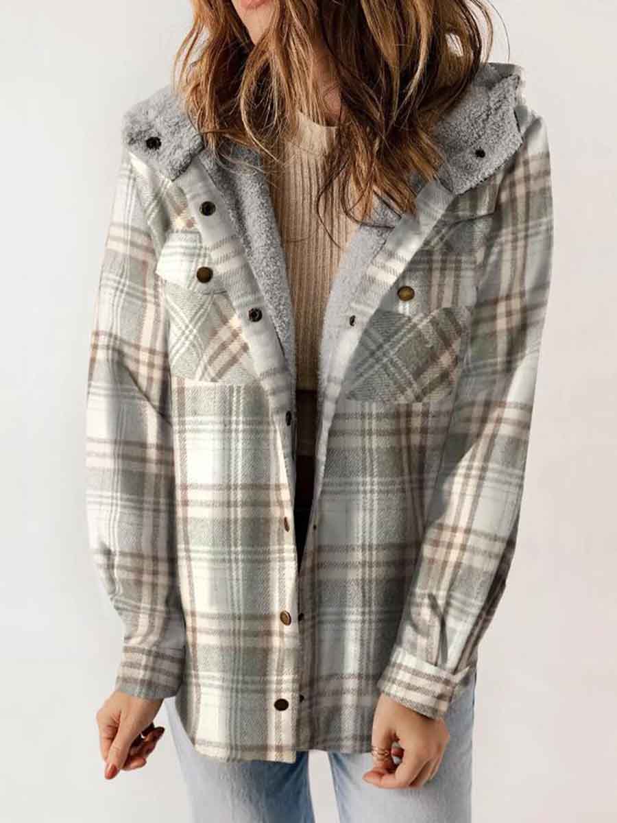 Women's Autumn/Winter Plaid Jacket Long Sleeve Buckle Hooded Jacket Warm Coat gracestitchs