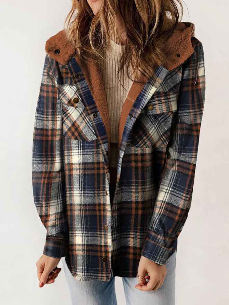Women's Autumn/Winter Plaid Jacket Long Sleeve Buckle Hooded Jacket Warm Coat gracestitchs