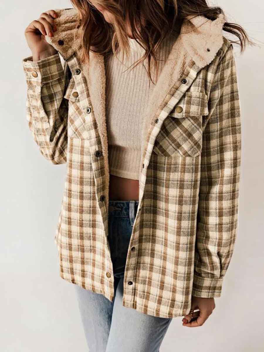 Women's Autumn/Winter Plaid Jacket Long Sleeve Buckle Hooded Jacket Warm Coat gracestitchs