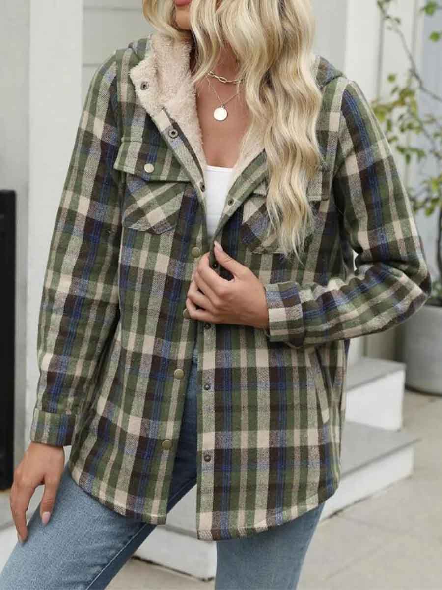 Women's Autumn/Winter Plaid Jacket Long Sleeve Buckle Hooded Jacket Warm Coat gracestitchs