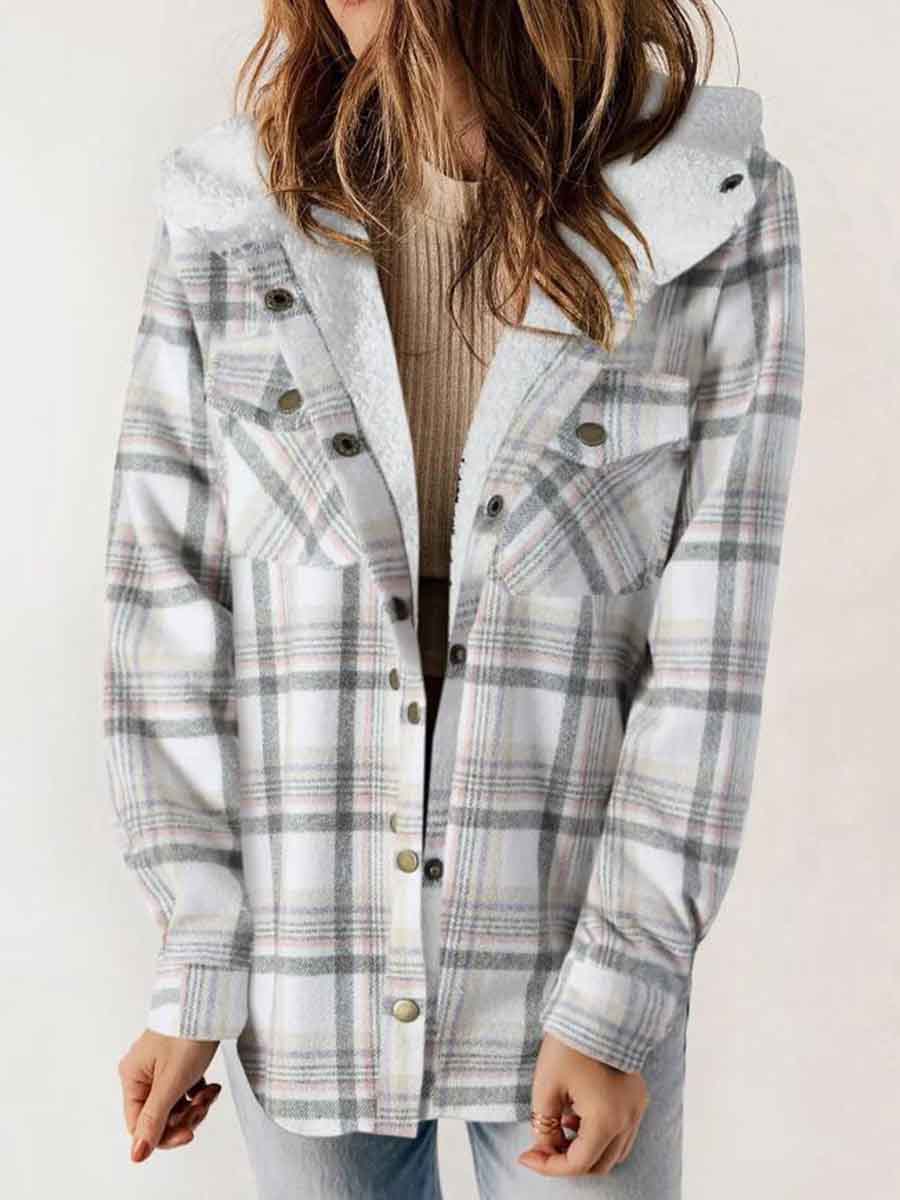 Women's Autumn/Winter Plaid Jacket Long Sleeve Buckle Hooded Jacket Warm Coat gracestitchs