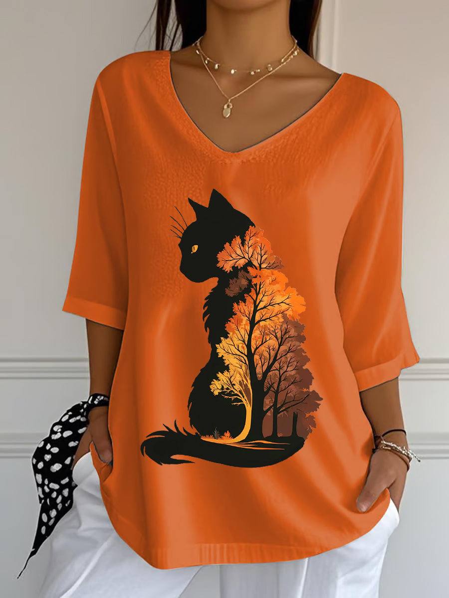 Women's Casual Autumn Leaves Cat Printed V-Neck Top gracestitchs