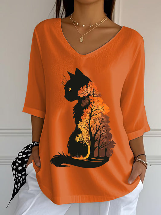 Women's Casual Autumn Leaves Cat Printed V-Neck Top gracestitchs