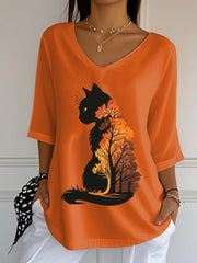 Women's Casual Autumn Leaves Cat Printed V-Neck Top gracestitchs