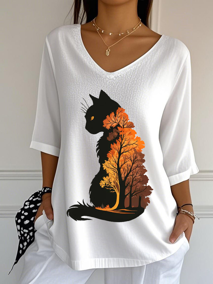 Women's Casual Autumn Leaves Cat Printed V-Neck Top gracestitchs