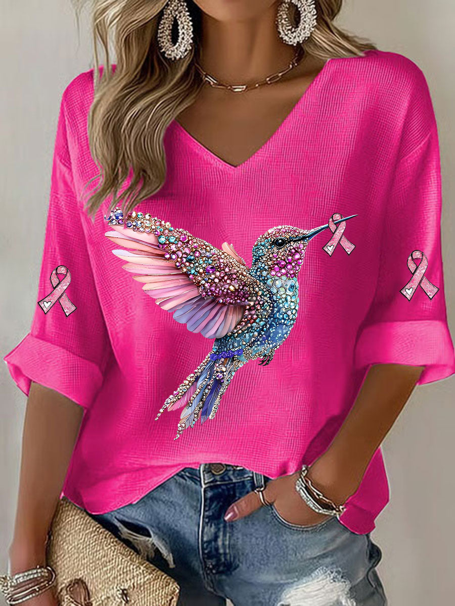 Women's Breast Cancer Hummingbird Print Casual T-shirt gracestitchs