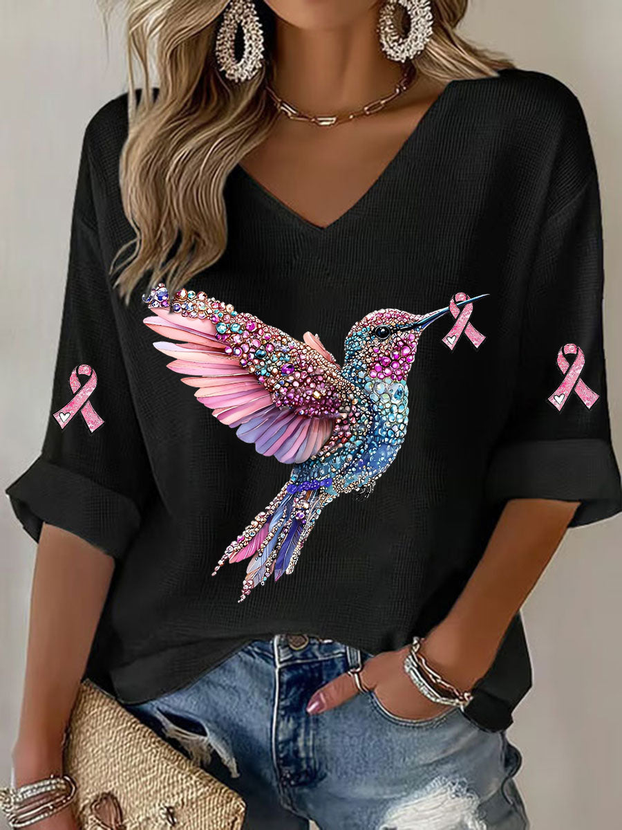 Women's Breast Cancer Hummingbird Print Casual T-shirt gracestitchs
