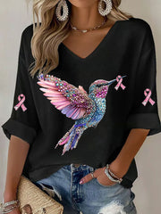 Women's Breast Cancer Hummingbird Print Casual T-shirt gracestitchs