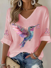 Women's Breast Cancer Hummingbird Print Casual T-shirt gracestitchs