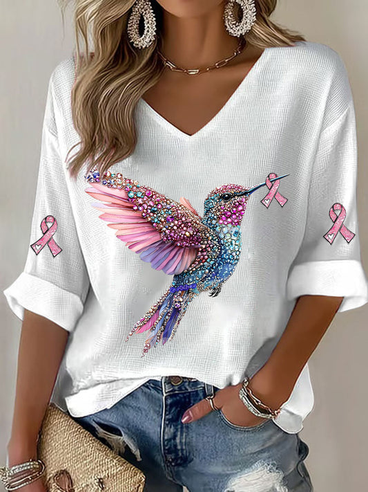 Women's Breast Cancer Hummingbird Print Casual T-shirt gracestitchs