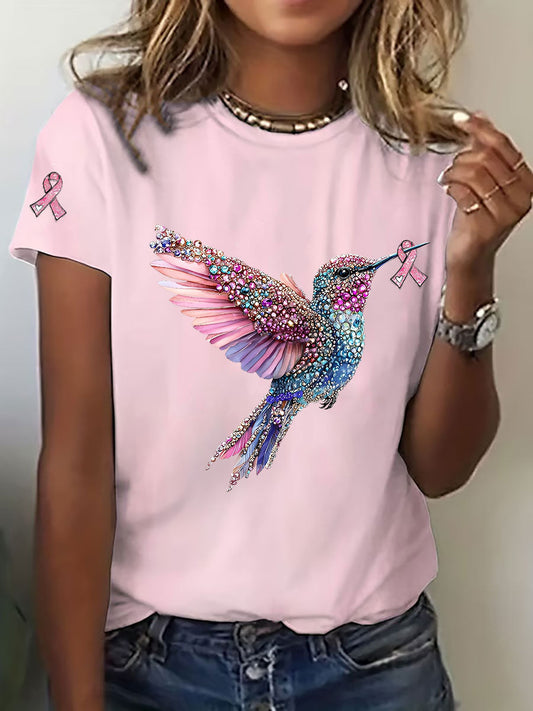 Women's Breast Cancer Awareness Hummingbird Print Casual T-Shirt gracestitchs