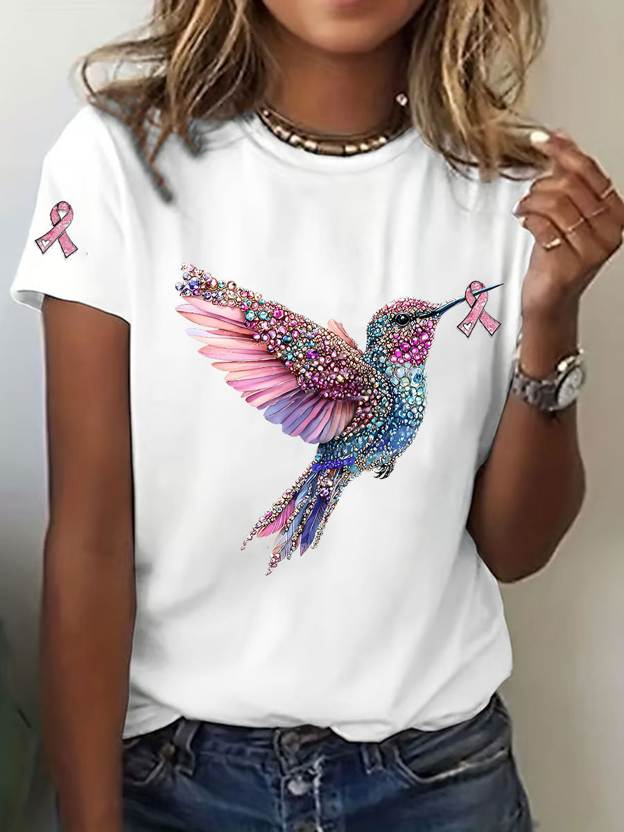 Women's Breast Cancer Awareness Hummingbird Print Casual T-Shirt gracestitchs