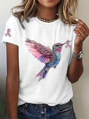 Women's Breast Cancer Awareness Hummingbird Print Casual T-Shirt gracestitchs