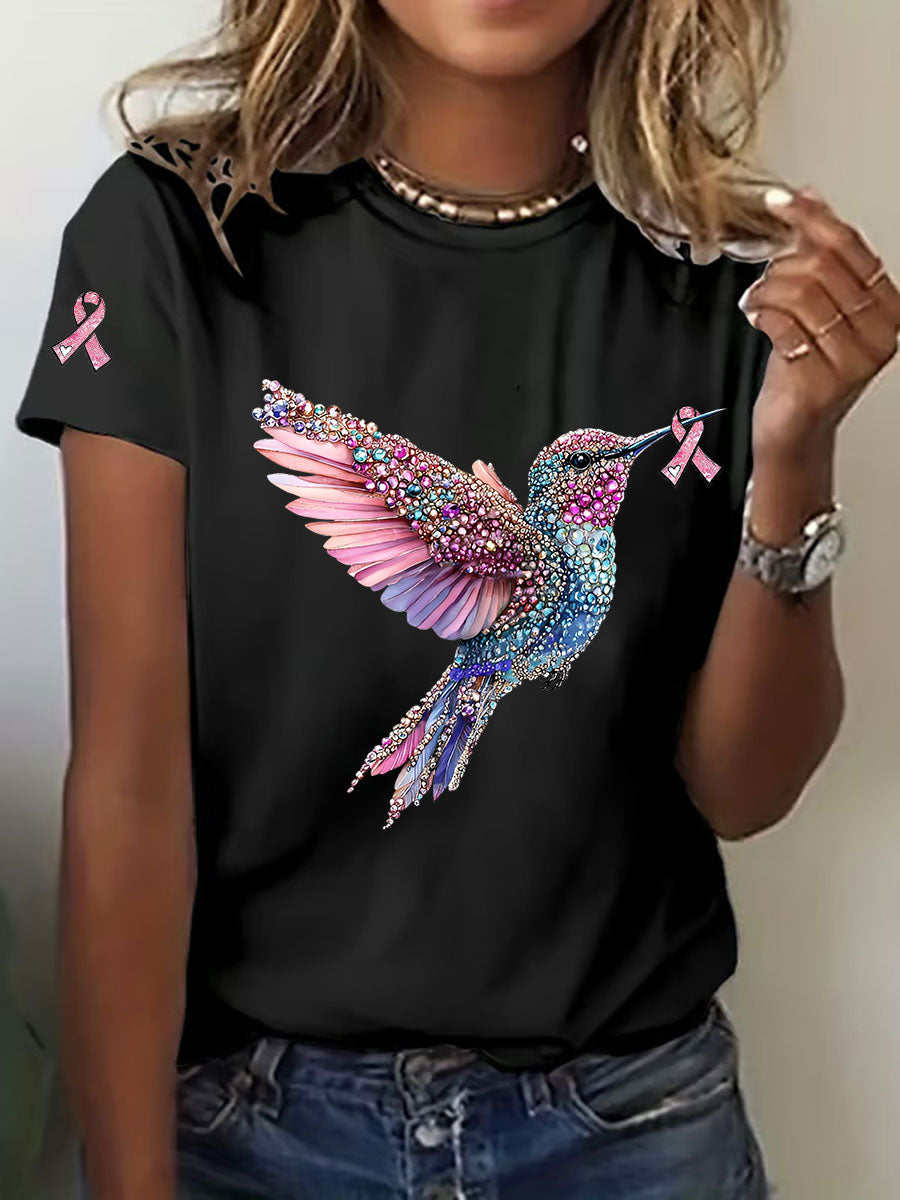 Women's Breast Cancer Awareness Hummingbird Print Casual T-Shirt gracestitchs