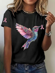 Women's Breast Cancer Awareness Hummingbird Print Casual T-Shirt gracestitchs