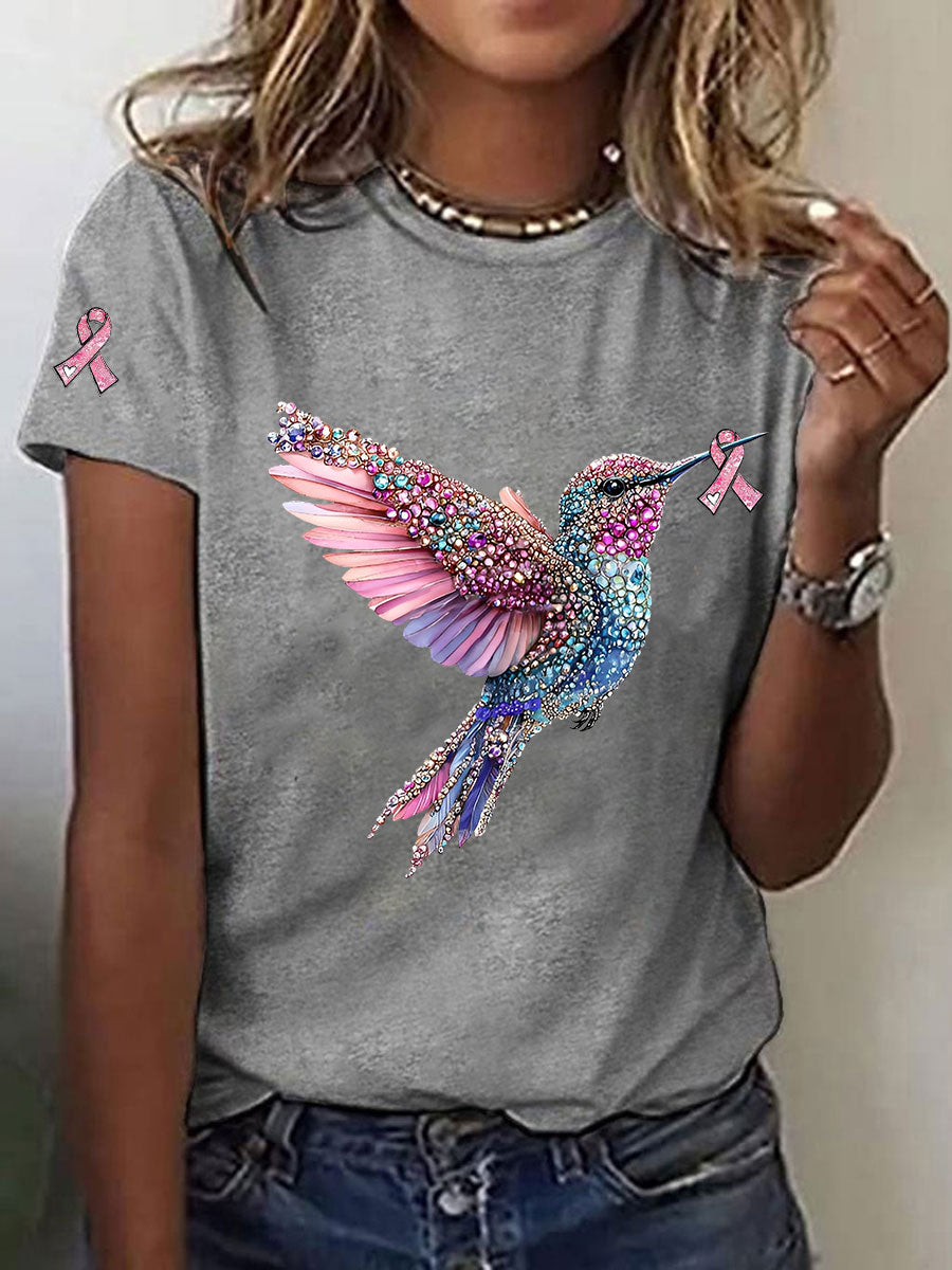 Women's Breast Cancer Awareness Hummingbird Print Casual T-Shirt gracestitchs