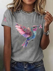Women's Breast Cancer Awareness Hummingbird Print Casual T-Shirt gracestitchs