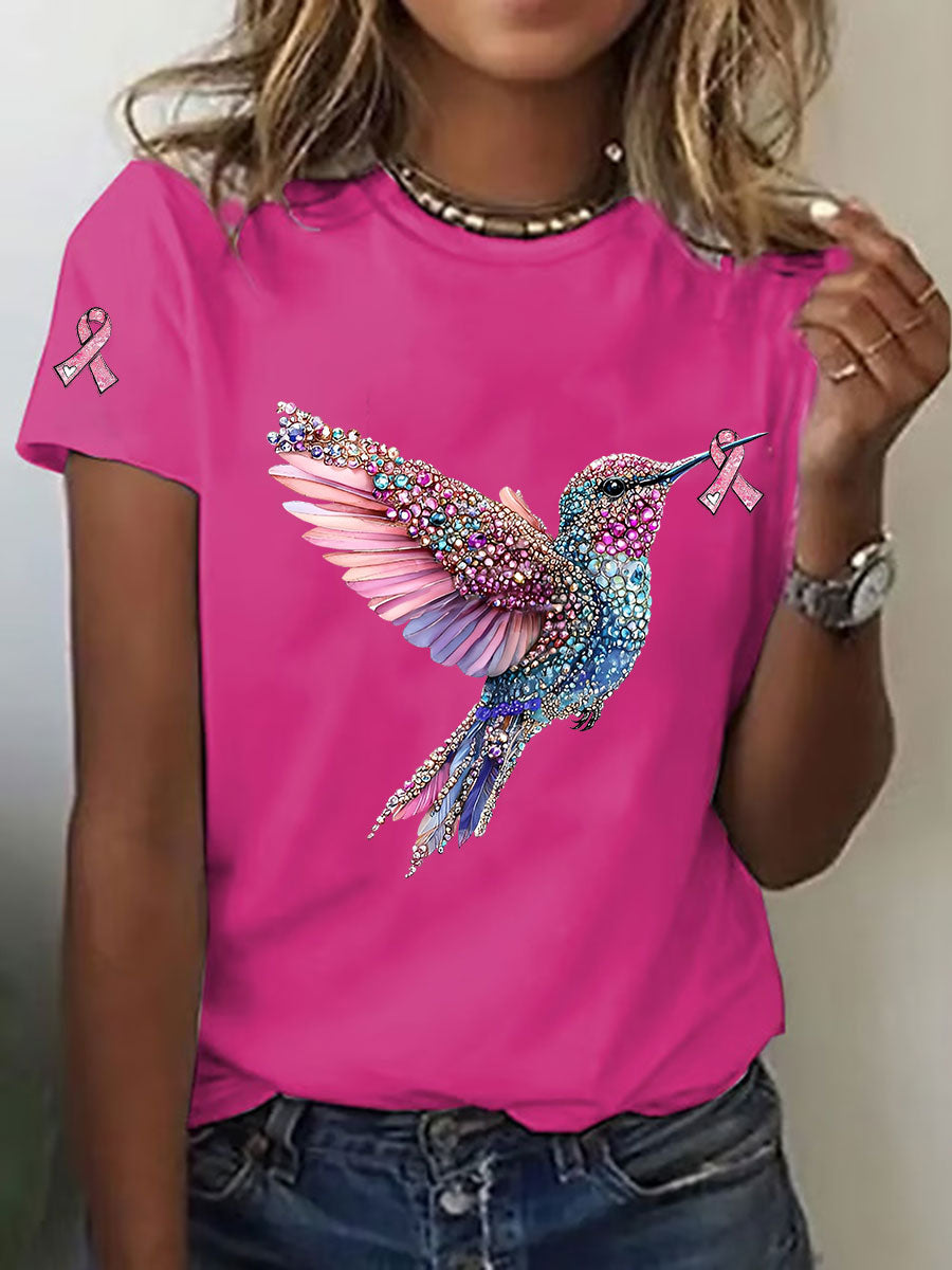 Women's Breast Cancer Awareness Hummingbird Print Casual T-Shirt gracestitchs