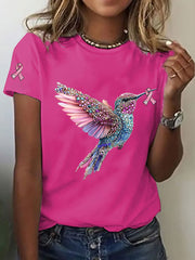 Women's Breast Cancer Awareness Hummingbird Print Casual T-Shirt gracestitchs