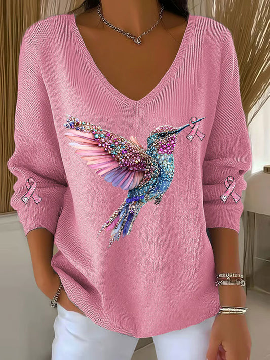 Women's Breast Cancer Awareness Hummingbird Print Casual Top gracestitchs