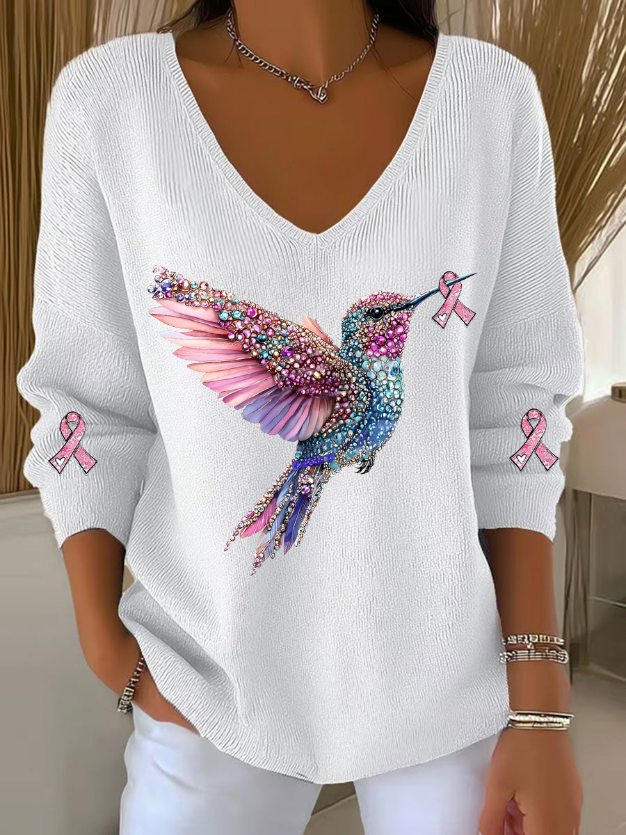 Women's Breast Cancer Awareness Hummingbird Print Casual Top gracestitchs