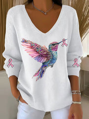 Women's Breast Cancer Awareness Hummingbird Print Casual Top gracestitchs