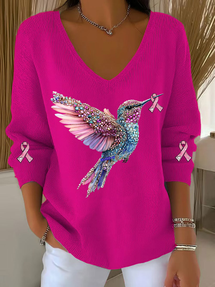 Women's Breast Cancer Awareness Hummingbird Print Casual Top gracestitchs