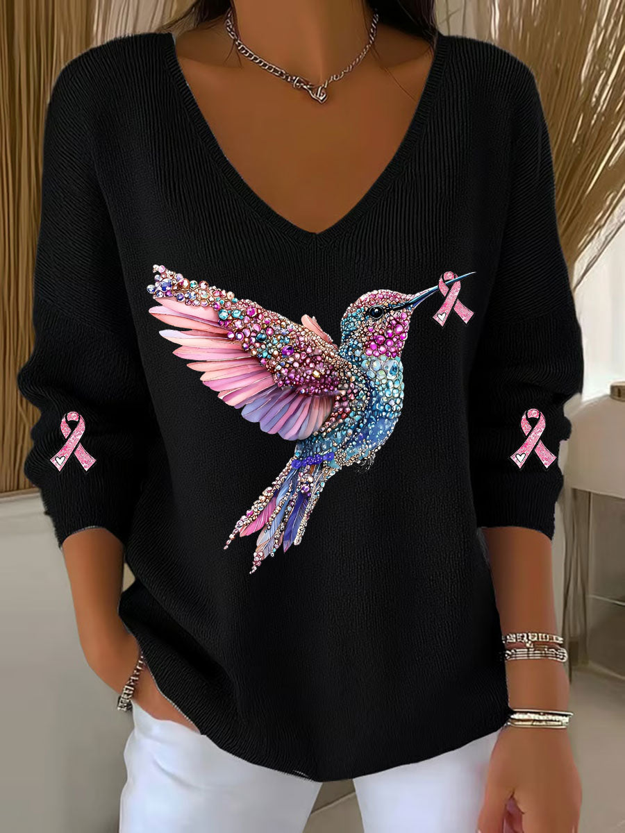 Women's Breast Cancer Awareness Hummingbird Print Casual Top gracestitchs