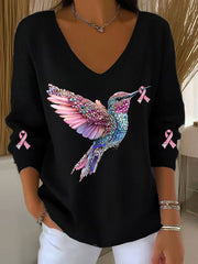 Women's Breast Cancer Awareness Hummingbird Print Casual Top gracestitchs