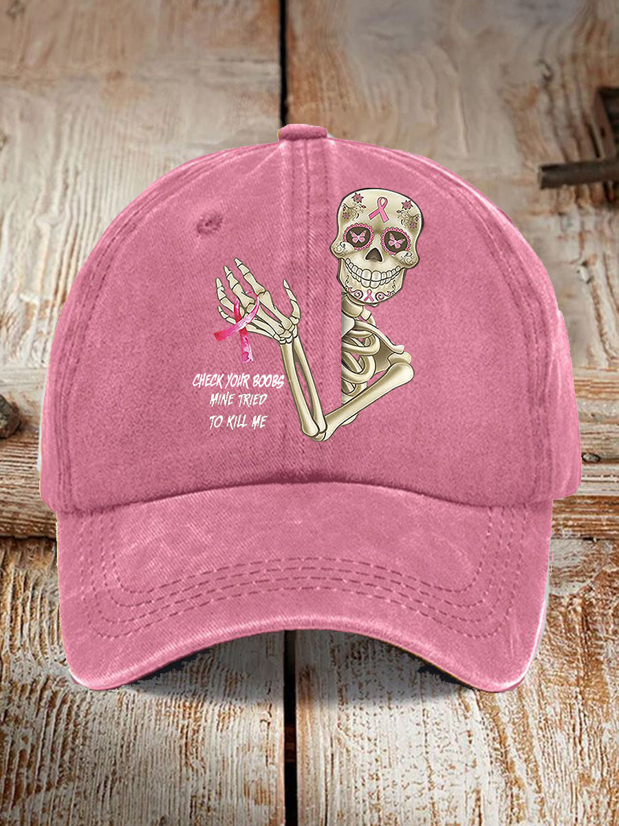 Unisex Funny Breast Cancer Awarenessd Skull Check Your Boobs Mine Tried To Kill Me Print Baseball Cap gracestitchs