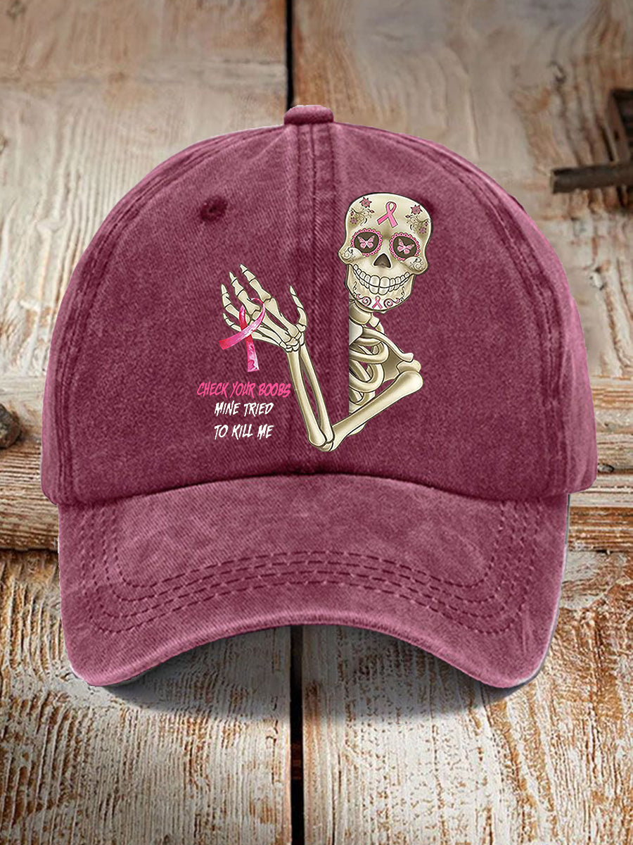 Unisex Funny Breast Cancer Awarenessd Skull Check Your Boobs Mine Tried To Kill Me Print Baseball Cap gracestitchs