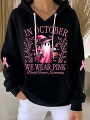 Women's In October We Wear Pink Halloween Pink Ghost Print Breast Cancer Awareness Hoodie gracestitchs