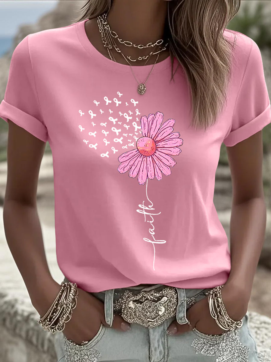 Women's Pink Ribbon Sunflower Print Breast Cancer Awareness Support Tee gracestitchs
