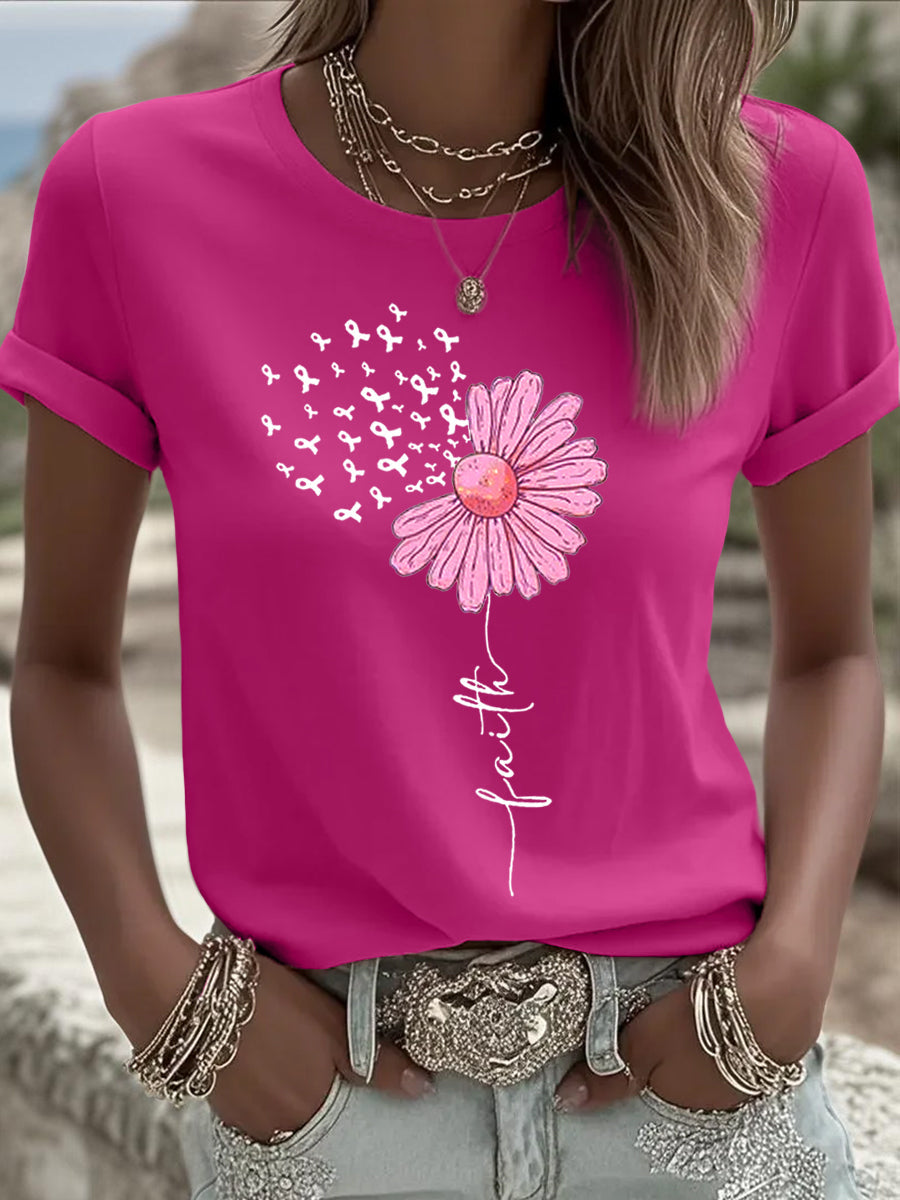 Women's Pink Ribbon Sunflower Print Breast Cancer Awareness Support Tee gracestitchs