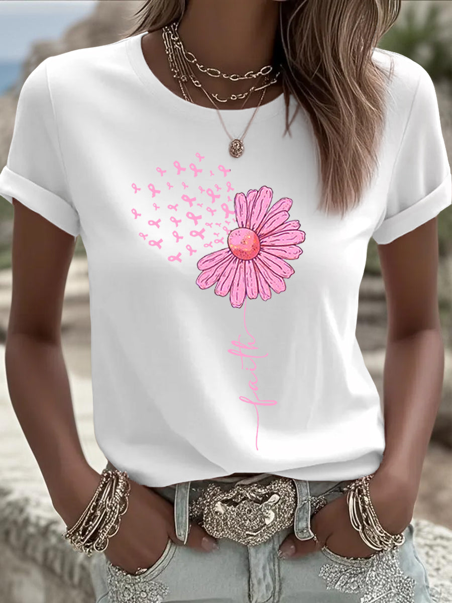 Women's Pink Ribbon Sunflower Print Breast Cancer Awareness Support Tee gracestitchs