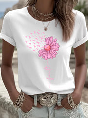 Women's Pink Ribbon Sunflower Print Breast Cancer Awareness Support Tee gracestitchs