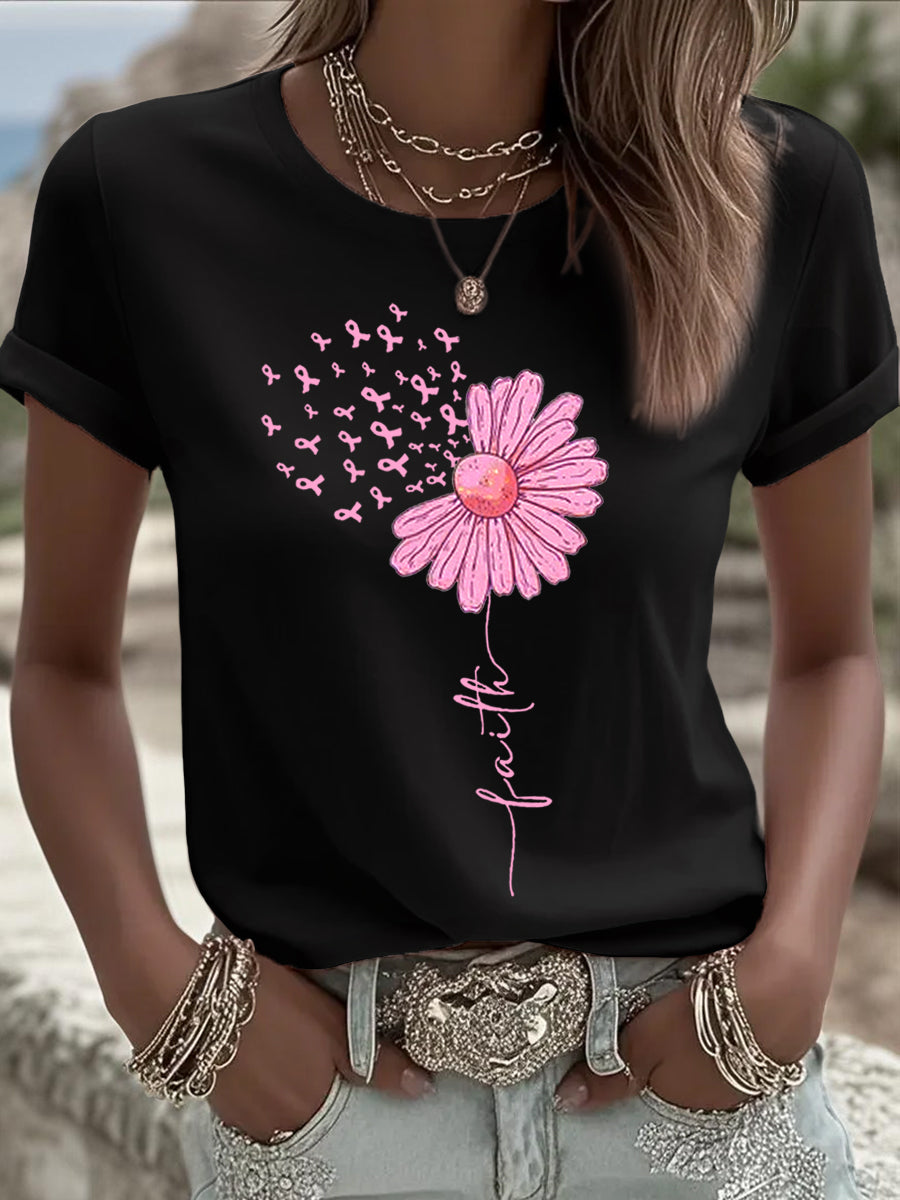 Women's Pink Ribbon Sunflower Print Breast Cancer Awareness Support Tee gracestitchs